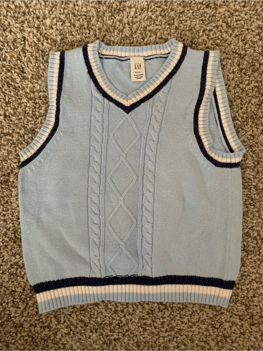 GAP Light Blue Cable-Knit V-Neck Sweater Vest with Navy & Cream Trim 18-24M Boy